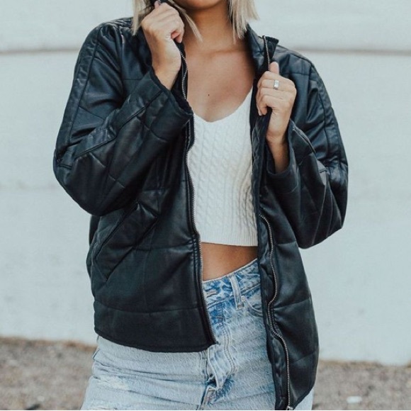 NWT Free People Quilted Vegan Leather Bomber Jacket in Black - Picture 8 of 16